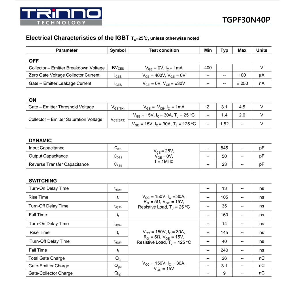 IGBT TGPF30N40P TO220 Bodi Plastik