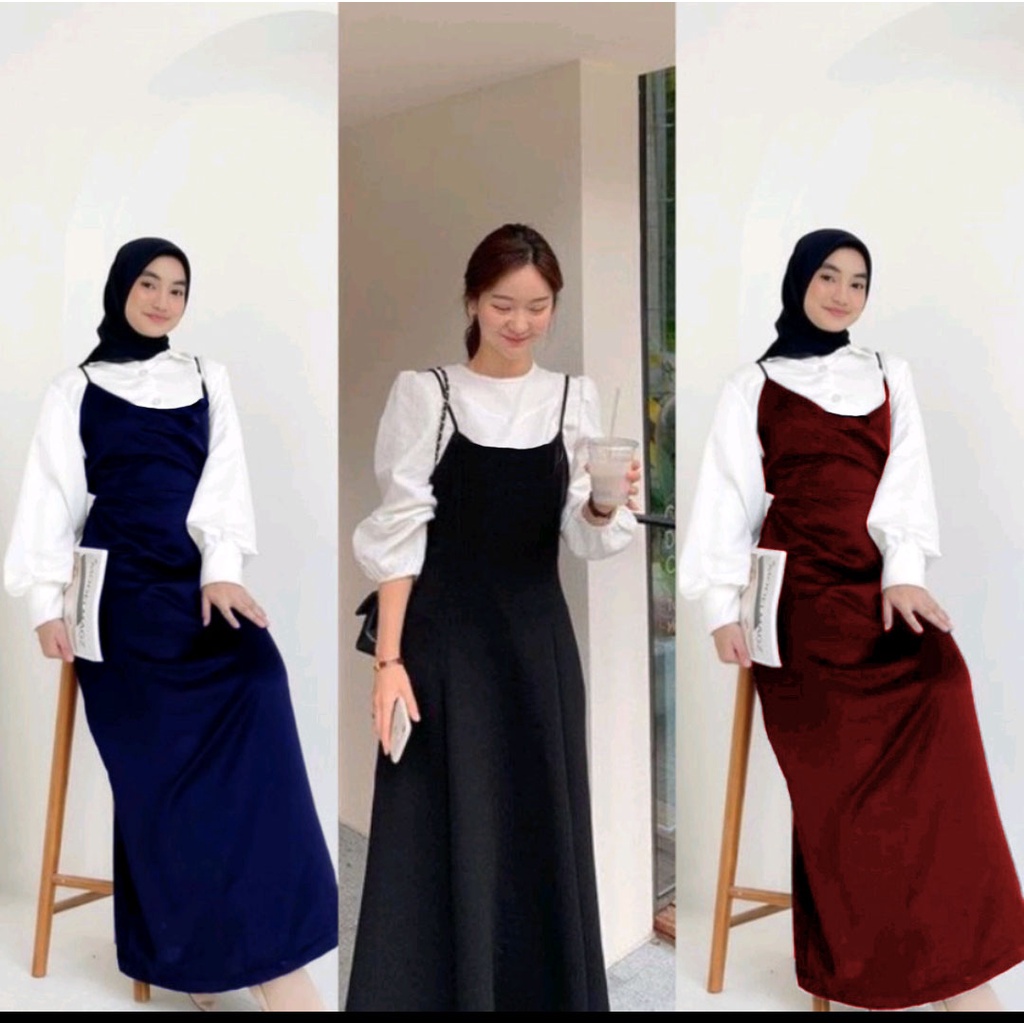 Long Dress Satin Wanita tali kecil korean outfit 903