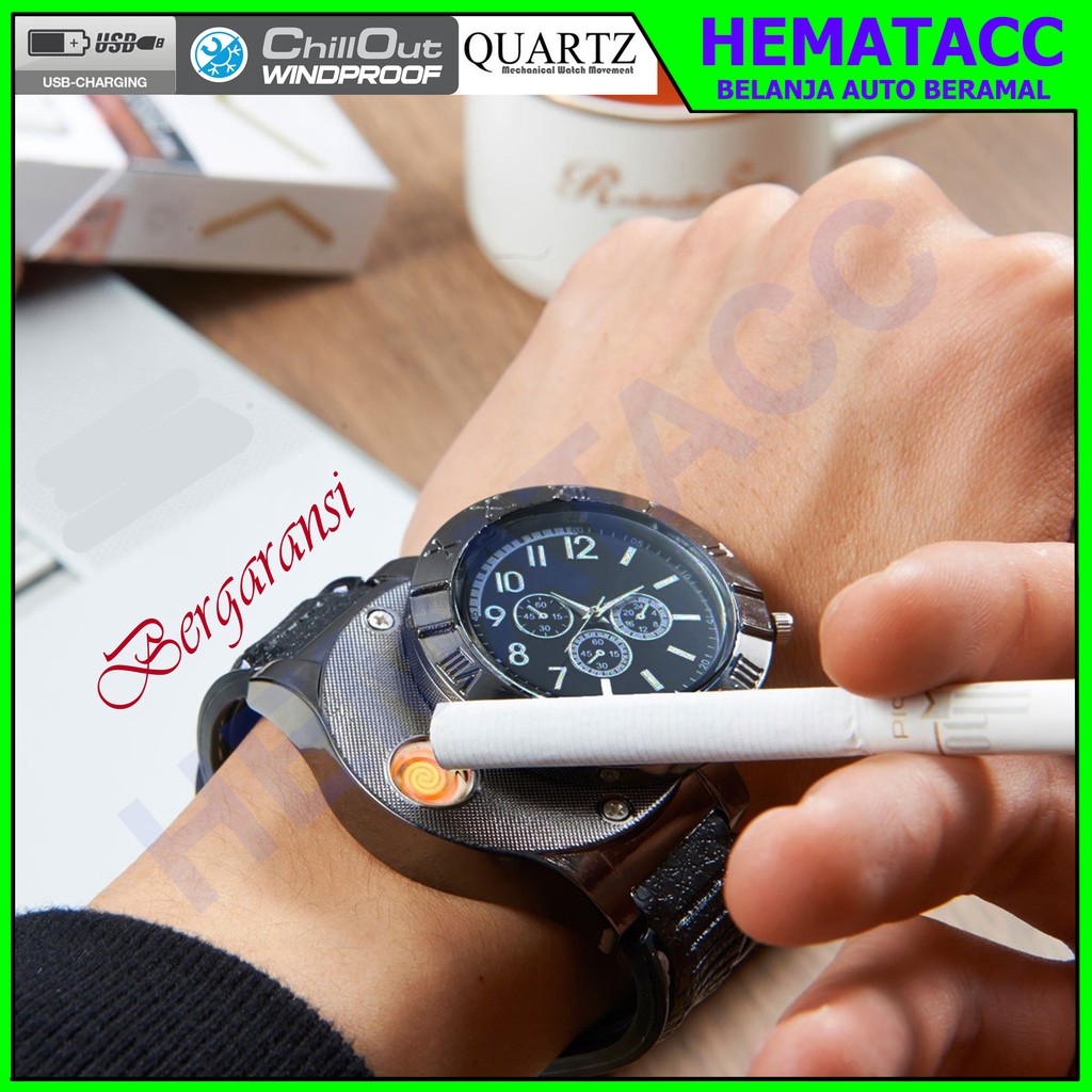 Jam Tangan Korek Api Elektrik Military Outdoor Windproof Travel Formal Pria QUARTZ Pemantik Api