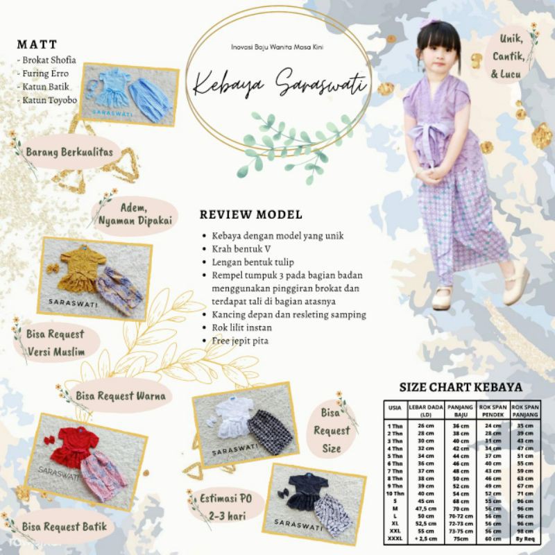 Baju Anak Perempuan/ Setelan Anak Perempuan/Kebaya Anak Bayi Dewasa Couple Ibu Anak Kebaya Saraswati