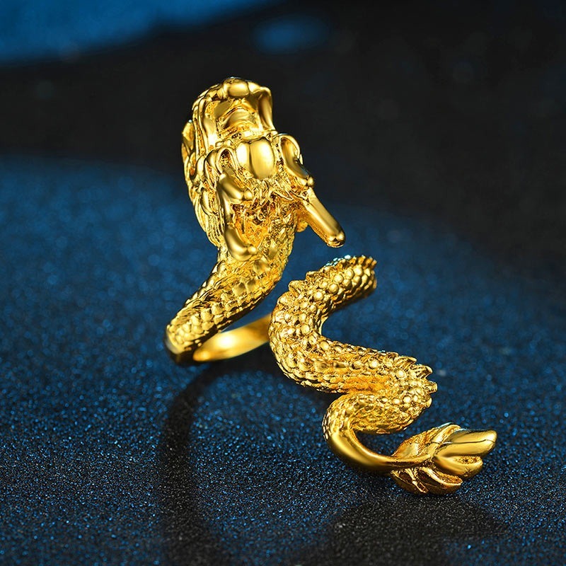 Fashion Men's Golden Domineering Dragon Head Open Ring