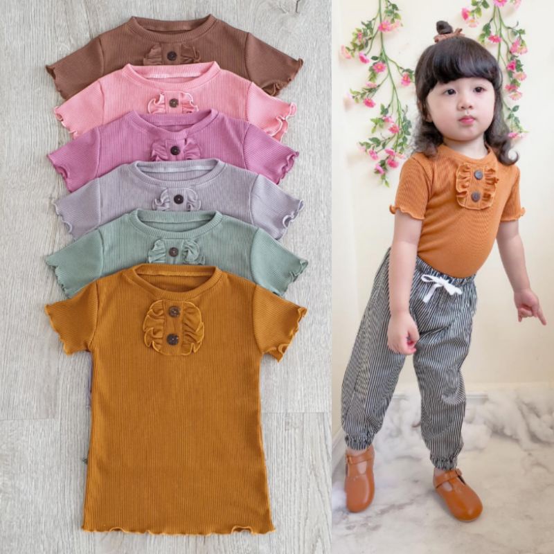 Baju Anak Ruffle Tee Kancing 2-4 Tahun Rib Knit