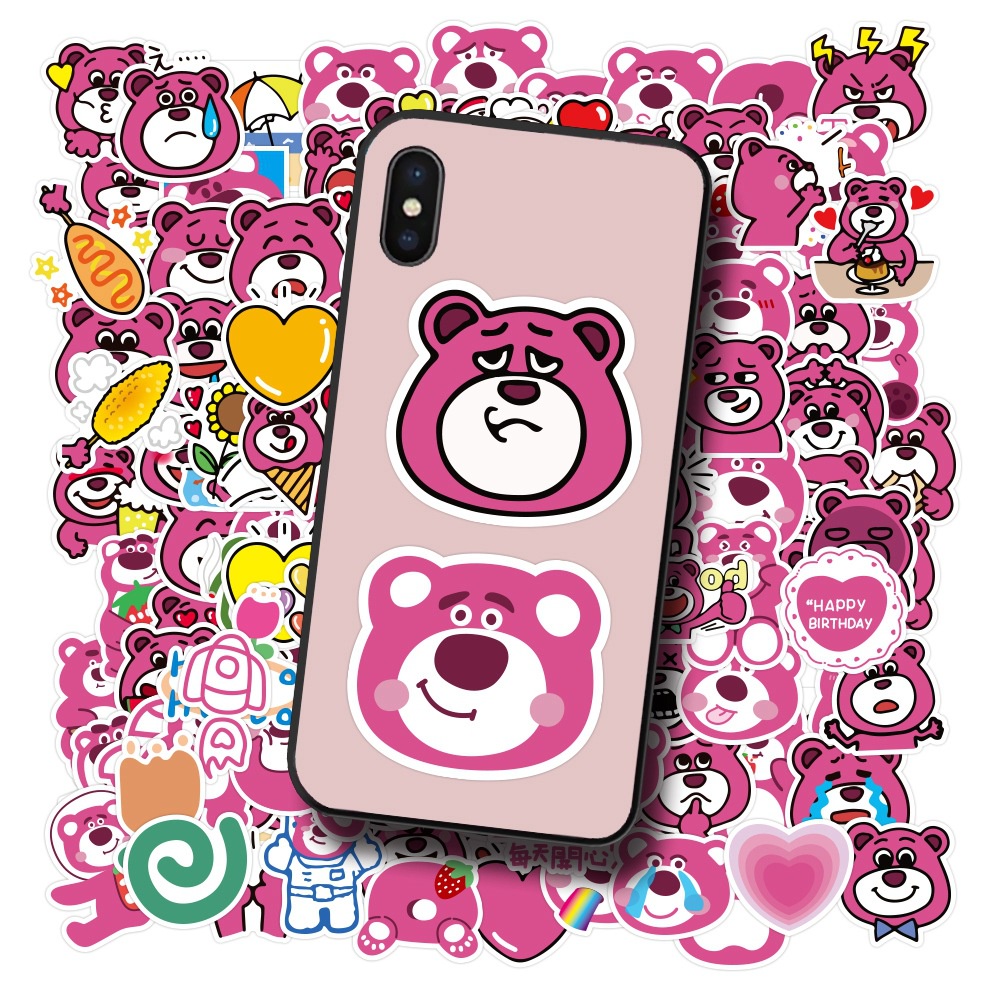 50 lucu pink strawberry stiker beruang kartun ekspresi cangkir termos stiker bagasi tangan Buku stik