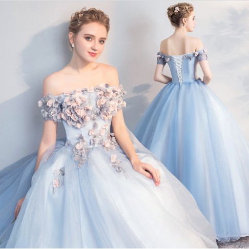 Gaun Wanita dengan Model Off-Shoulder dan Hiasan Bordir Motif Bunga Warna Abu-Abu / Biru untuk Pesta