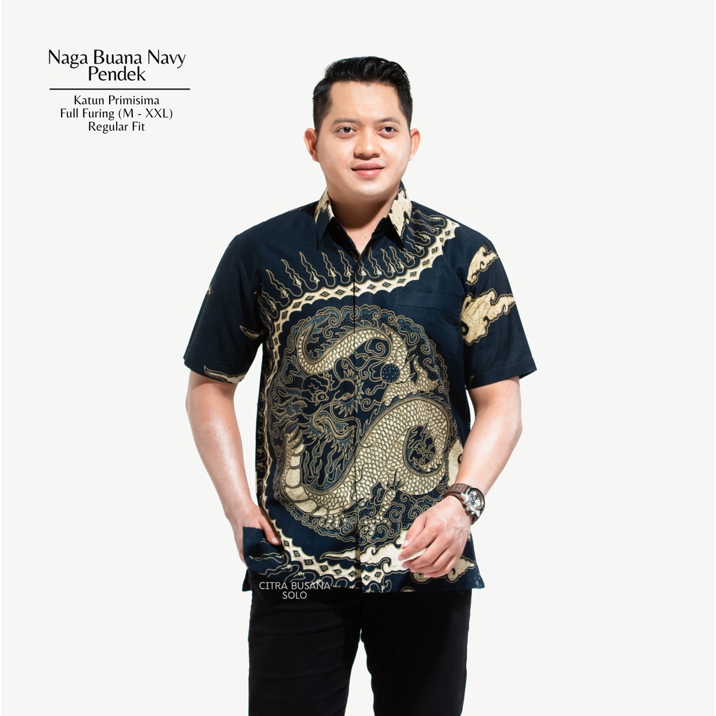 NAGA BUANA NAVY PENDEK Kemeja Batik Pria Full Furing Bahan Katun Primisima