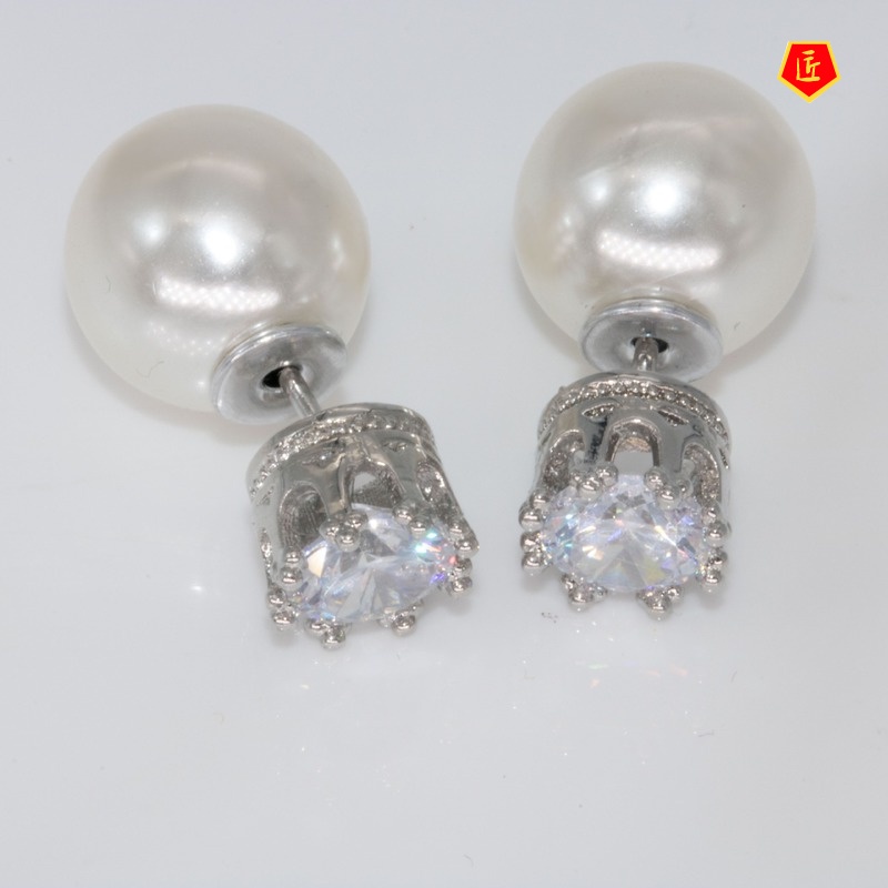 [Ready Stock]Women's Crown Pearl Diamond Temperament Silver Earrings