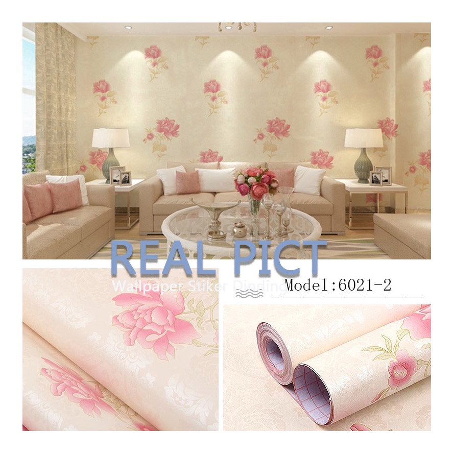 (PROMO) Gudang Wallpaper Stiker Dinding Bahan PVC Anti Air / Wallpaper kamar Tidur Bunga Pink Bahan PVC Premium (SUDAH ADA LEM)