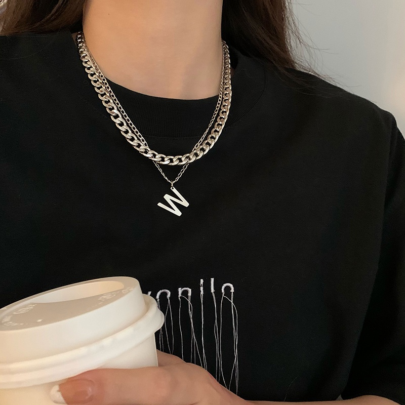 Kalung Rantai Klavikula Ganda Desain Huruf W Gaya Hip Hop