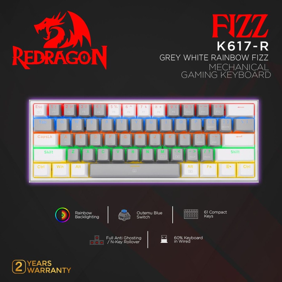 Redragon Mechanical Gaming Keyboard 60% GREY WHITE RAINBOW FIZZ-K617-R