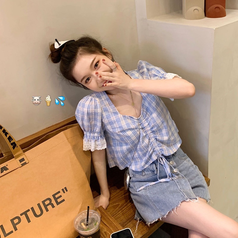 MOOGU ♡ Korea kotak-kotak lengan pendek blouse atasan wanita