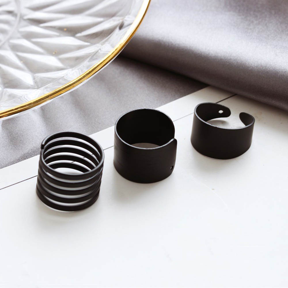 3pcs / Set Cincin Geometris Bahan Metal Warna Hitam Gaya Punk Minimalis Untuk Wanita