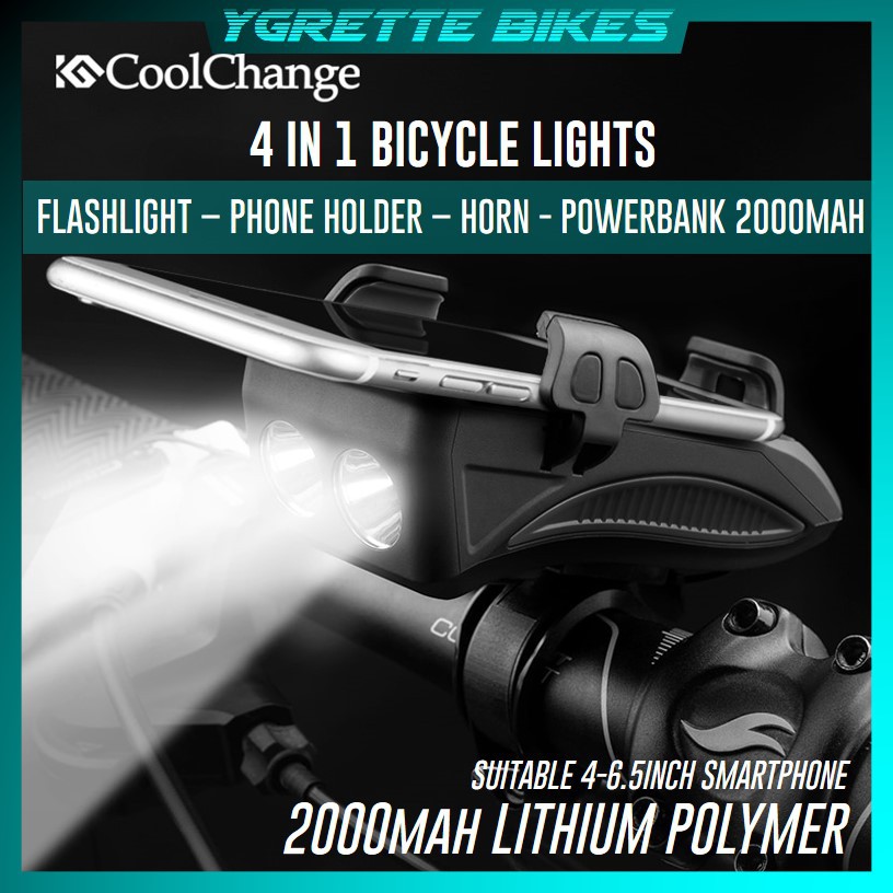 YGRETTE - CoolChange Lampu Sepeda Rechargeable 4 IN 1 Phone Holder Power Bank 2000mAh KLAKSON HORN