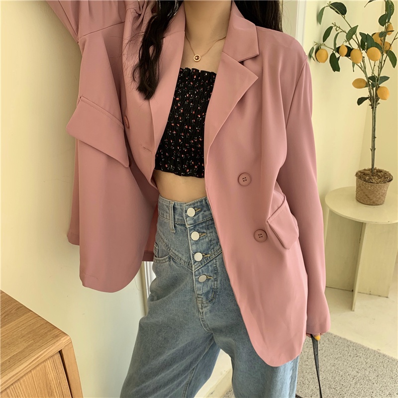 Hitam Pink Biru Korea Blazer Wanita Lengan Panjang Setelan Jas Blazer Women Outer 2023t Murah