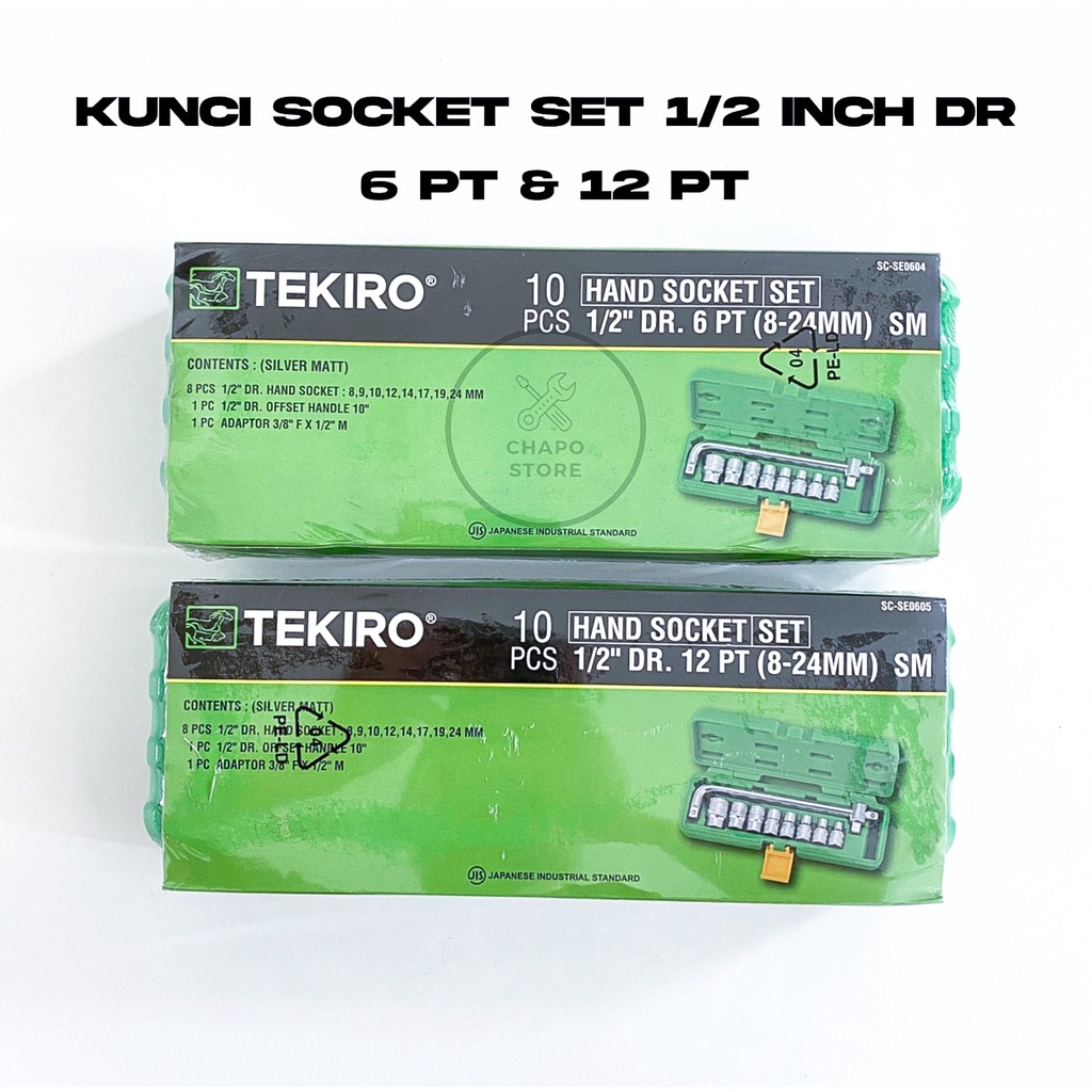 Tekiro kunci sok sock shock socket set 10pcs 1/2&quot; inch DR 6 PT 12 PT 8 - 24 mm hand socket set tekiro