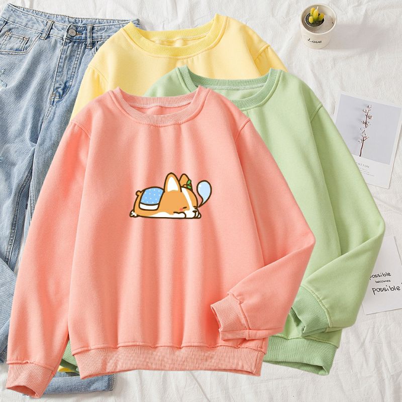 S - XXXXXL(6XL) Sweater Cute LAZY CORGI Dog Shiba Inu BIGSIZE CrewNeck Cartoon OVERSIZE Wanita Pria Jumbo 5XL 4XL XXL XXL XL