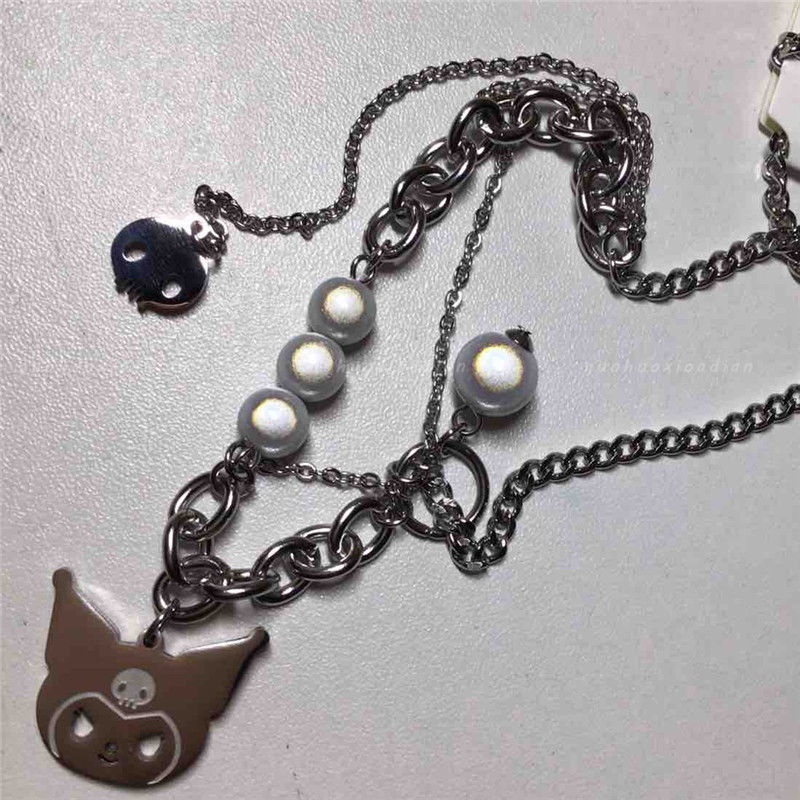 Cartoon Kuromi Pendant Necklace Reflective Pearl Multilayer Necklace