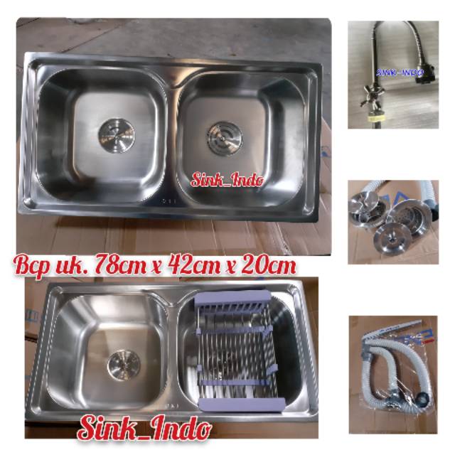 LARIS BAK CUCI PIRING STAINLESS 2 LUBANG Wastafel Keranjang peniris Kran Kitchen Sink Wastafel