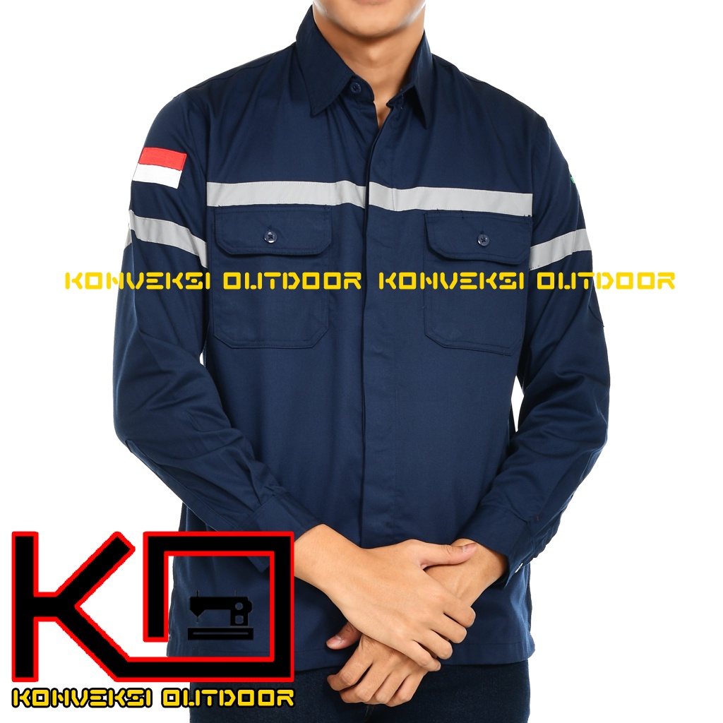 Kemeja Safety Pria Lengan Panjang - Baju Kemeja Kerja Proyek Wearpack Safety K3 Lapangan Outdoor Scotlite Indonesia Tebal Tambang Listrik Mekanik Teknisi Mesin Bangunan Werpack Driver Operator PLN Intalasi Listrik Enginer Teknik Sipil Kilang Warna Navy