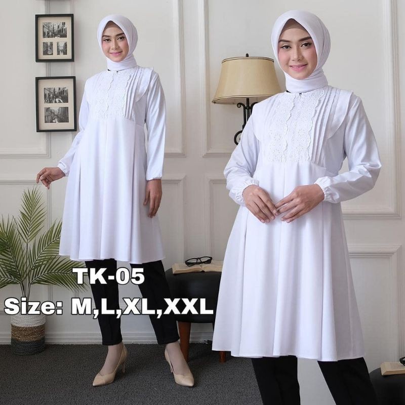 Tunik TK05 Atasan Tunik Putih Toyobo Millenial XXL Baju Atasan Tunik Fashion Putih Wanita Muslim