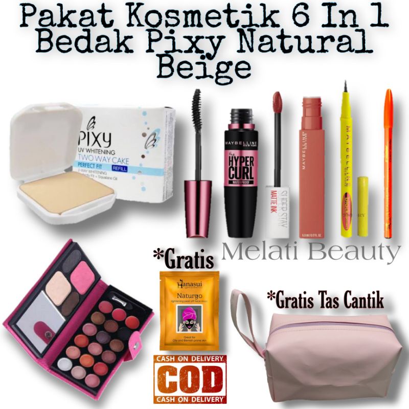 Paket Kosmetik 6 In 1 Bedak Pixy Natural Beige / Paket Kosmetik / Kecantikan / Kosmetik / Paket Kosmetik Murah / Paket Maybelline / Bedak Pixy Twc Refill