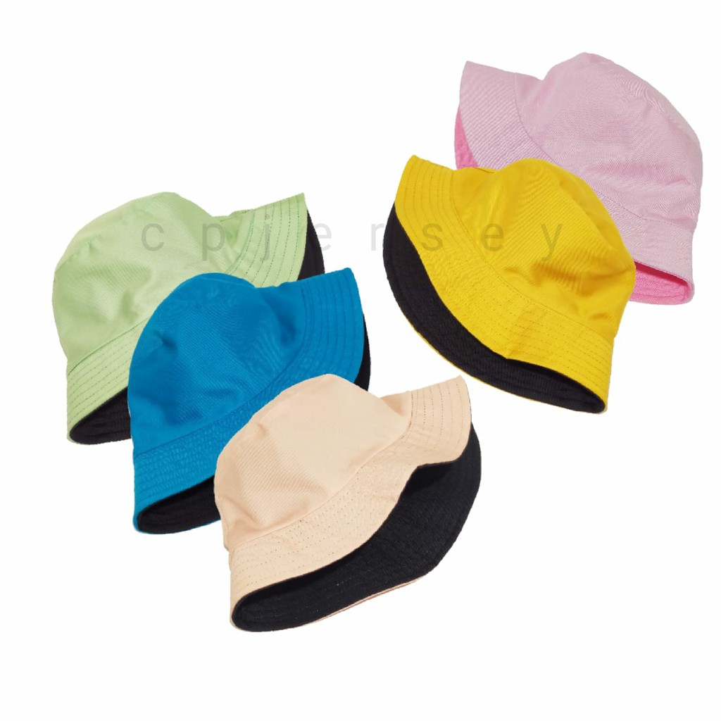 Topi Bucket Polos Kombinasi 2 Warna Pastel Peach Tosca Biru Muda Pink Kuning Pantai Rimba BucketHat