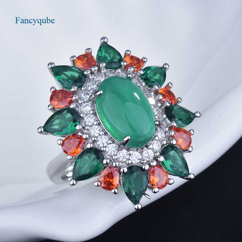 Fancyqube Cincin Batu Chalcedony Bentuk Oval Warna Hijau Gaya Vintage Untuk Wanita