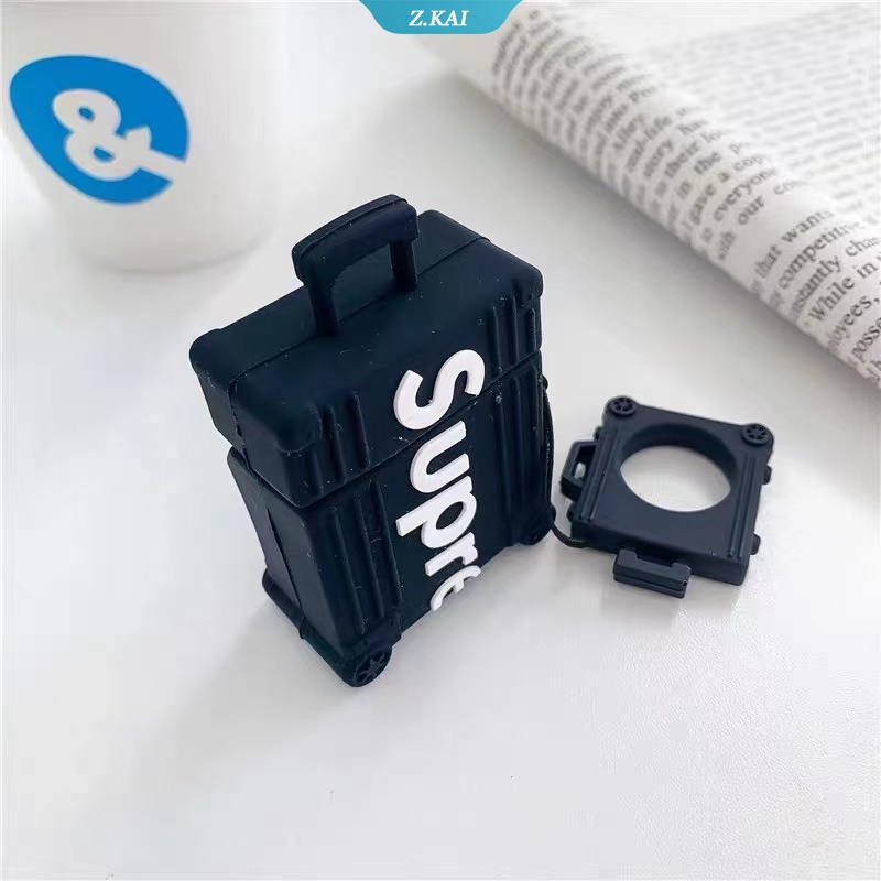 Case Silikon Bentuk Koper Desain Supreme Dengan Gantungan Kunci Untuk AirPods 1 2 3 Pro