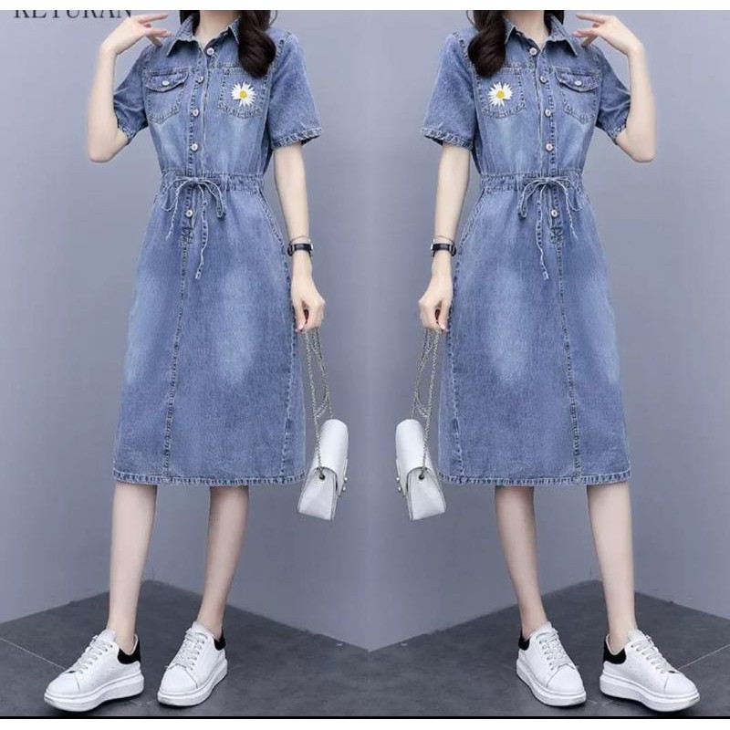 DRESS JEANS WANITA /TUNIK JEANS LENGAN PDK BORDIR KEMBANG DENGAN KANTONG 4