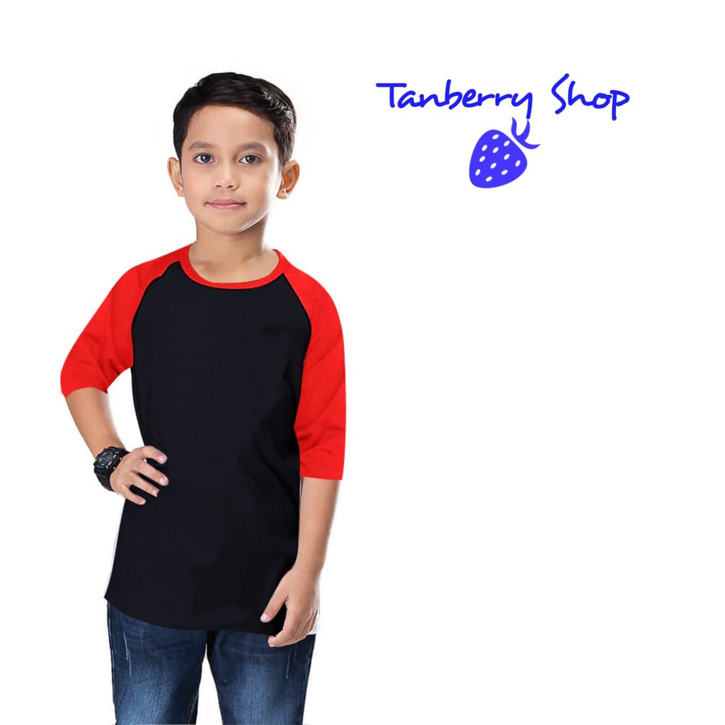 Kaos Raglan Anak Polos Lengan Tanggung 3/4 Kombinasi Merah Dan Hitam