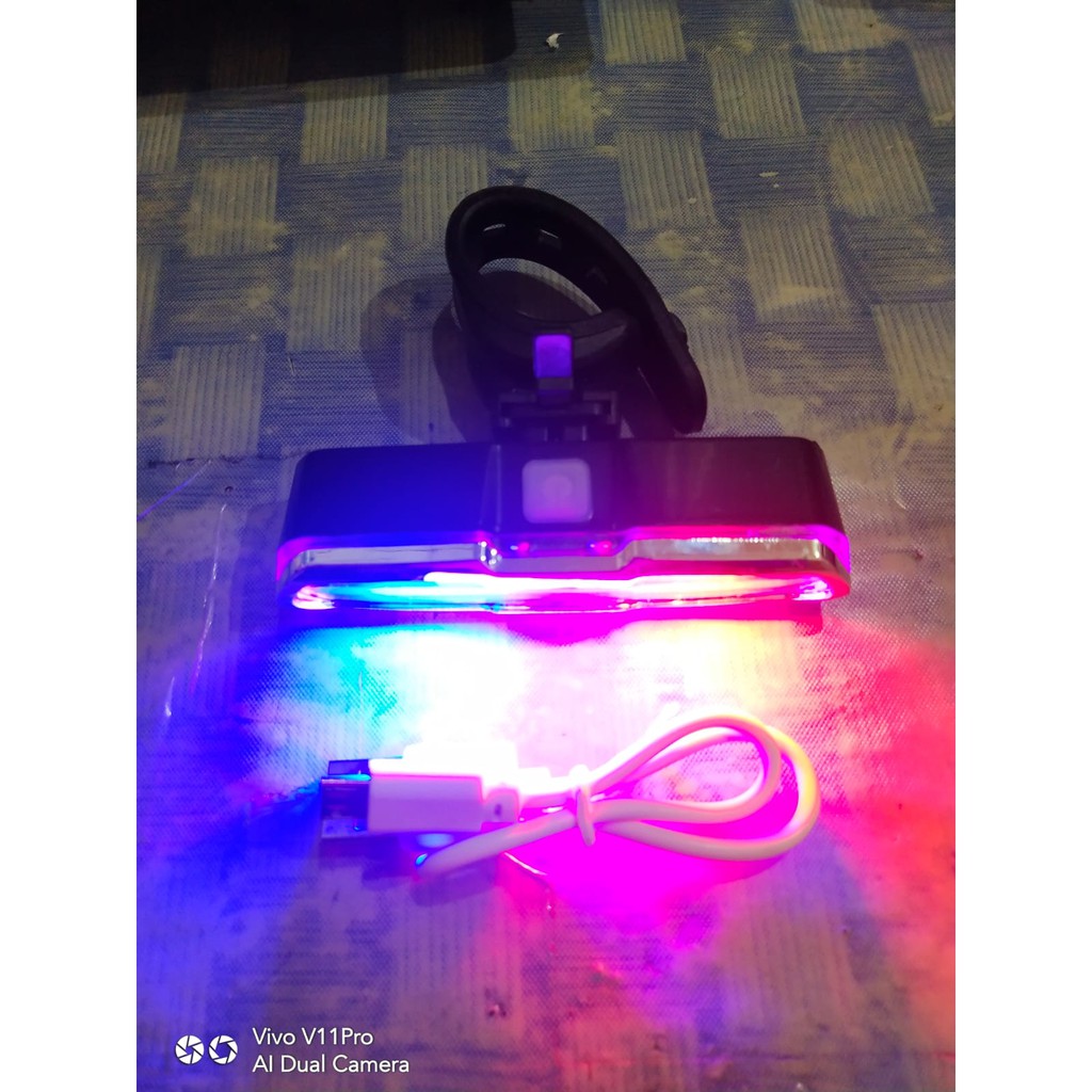 Lampu Belakang Sepeda USB 3 warna biru putih merah