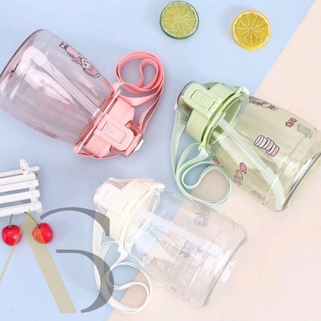 Botol Tempat Air Minum Anak Sedotan Tali  Sekolah Tk BPA Free Anti Tumpah Transparan Karakter Lucu M