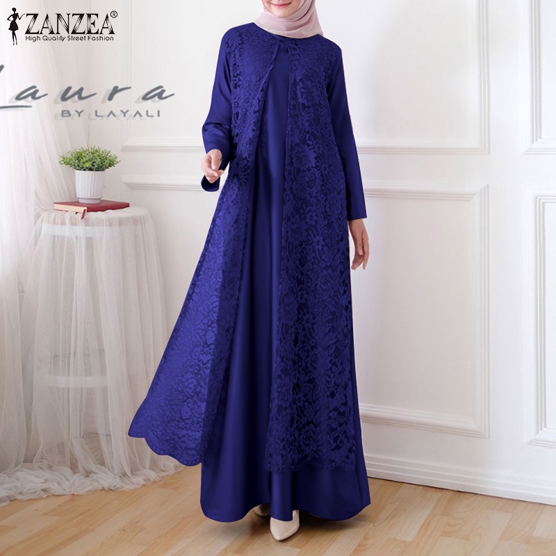 ZANZEA Women Muslim Retro Full Sleeve O-Neck Lace Patchwork Casual Maxi Dress