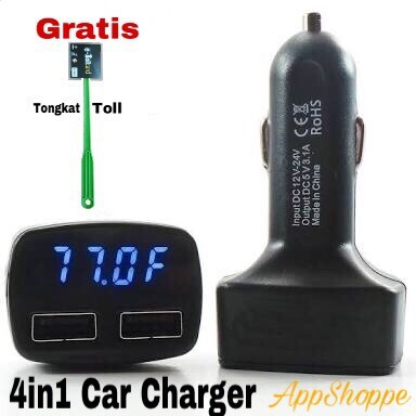 4 in 1 USB Car Charger, Ampere Meter, Voltmeter dan Suhu / Temperatur