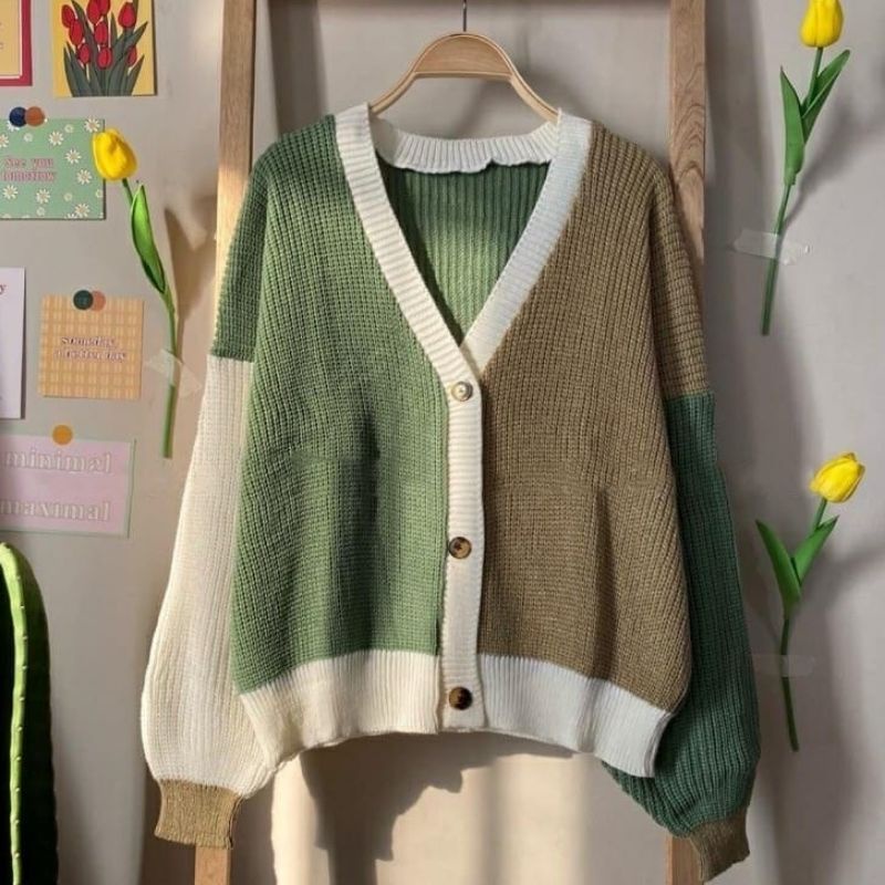 cardigan mix colour ,crop korean end rompi Rajut Andin Delmi Vest Rompi Rajut Wanita Motif Cable Honey Knited Wear