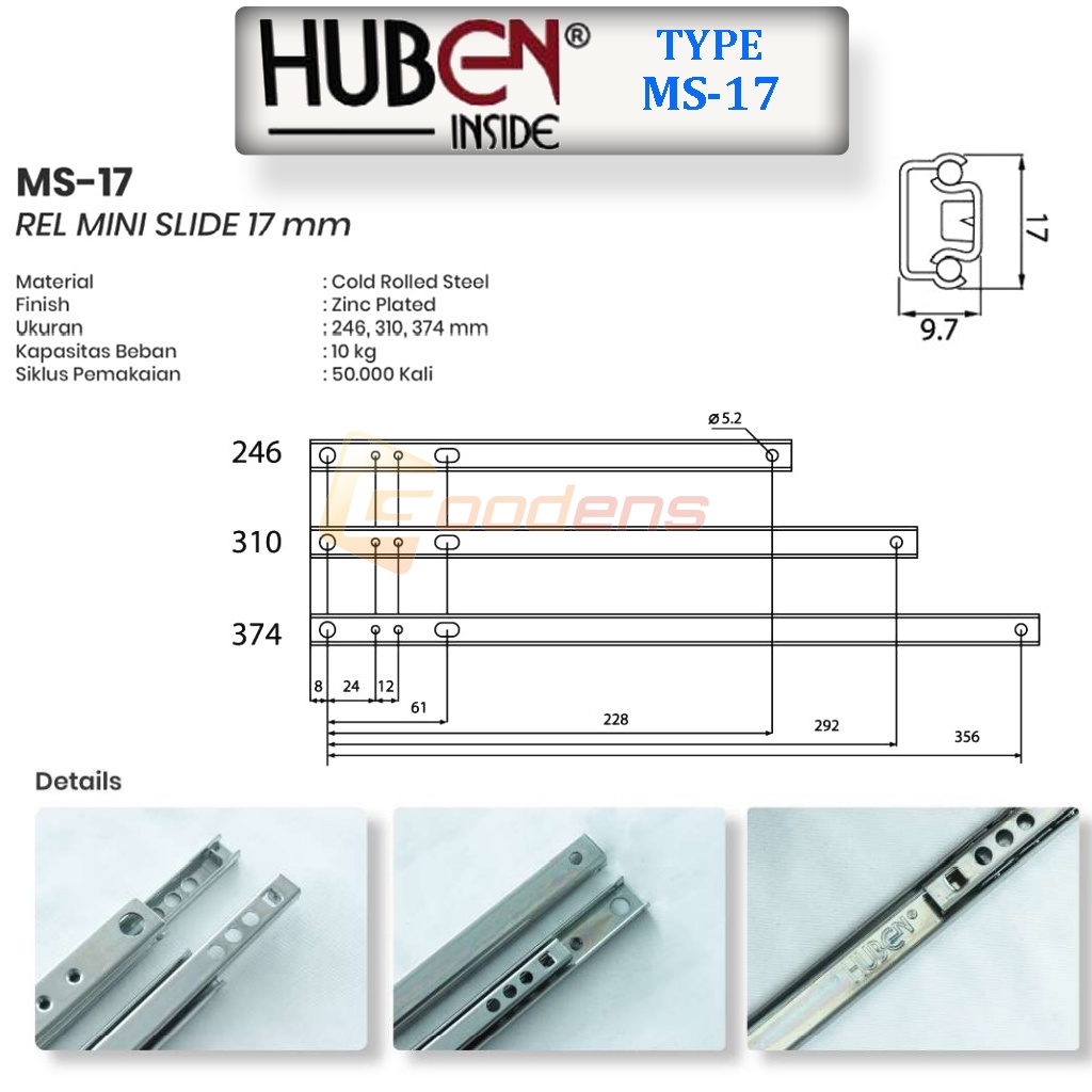Huben Rel Mini Slide 17mm MS-310mm Rel Laci Mini