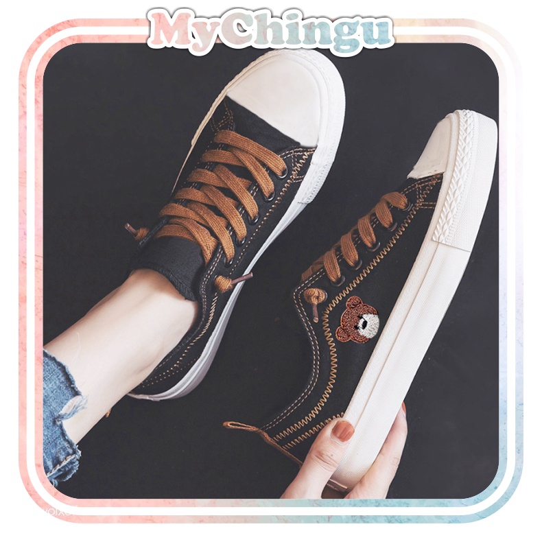 ❀ Chingu ❀  SEP003 (Tanpa Kotak) Sepatu Kanvas Wanita Bear Beruang Model Korea Fashion Casual Sport Import