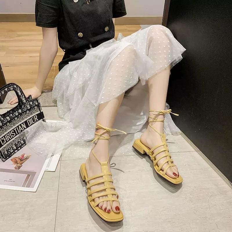 SANDAL TALI WANITA HAK PENDEK HEELS SLOP TALI