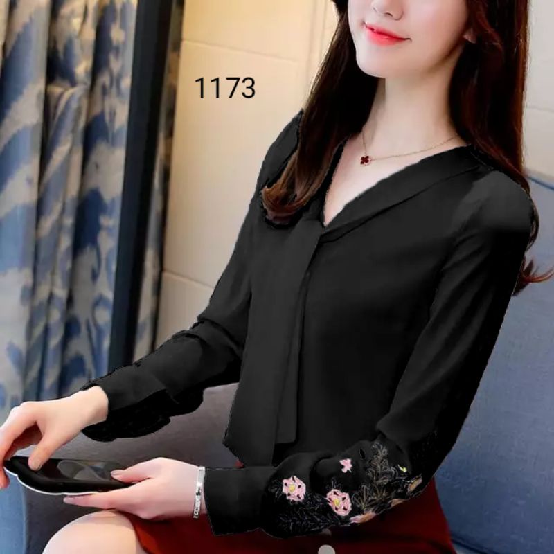 COD 1173 BLUS BORDIR BUNGA LENGAN PANJANG CANTIK FASHION WANITA GAYA KOREA