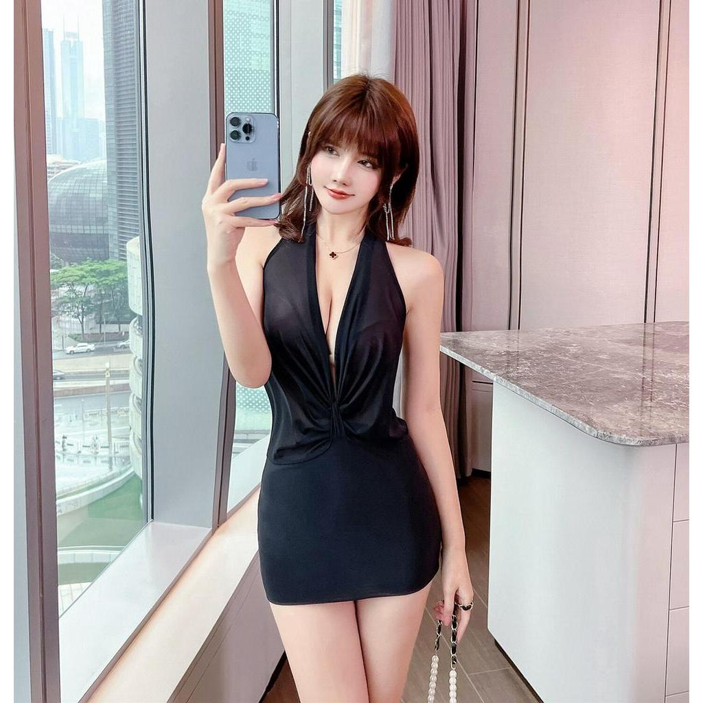 Mini Dress Wanita Perspektif Mata Pakaian Seksi Bergantung Neck Buka dada Buka Belakang Mini Short S