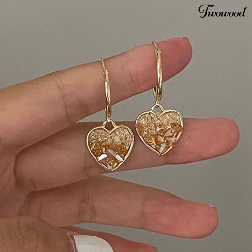 Twowood Drop Earrings Champagne Color Faux Crystal Heart Shape Irregular Surface Cute Women Earrings for Daily Wear