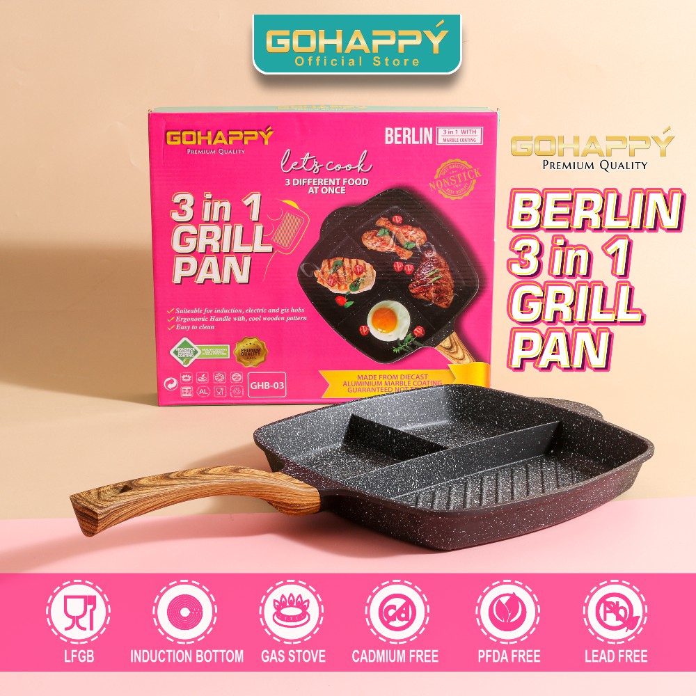 Everlux Gohappy Grill Pan Panci Fry Pan 3 in 1 GHB03 MARBLE BERLIN Alat Panggang marble 3 sekat devide