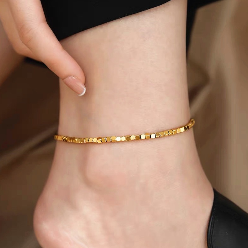 Gelang Titanium Wanita Anti Karat Manik Kubus Emas 18K Mewah Aksesoris Korea