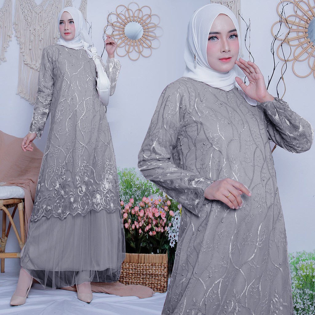 GAMIS BRUKAT TILE DEPAN - Aldine Baju Gamis Brukat Tile Remaja Dewasa Seragam Pesta Wanita Muslim - Allsize Jumbo Kain Tule Depan Saja