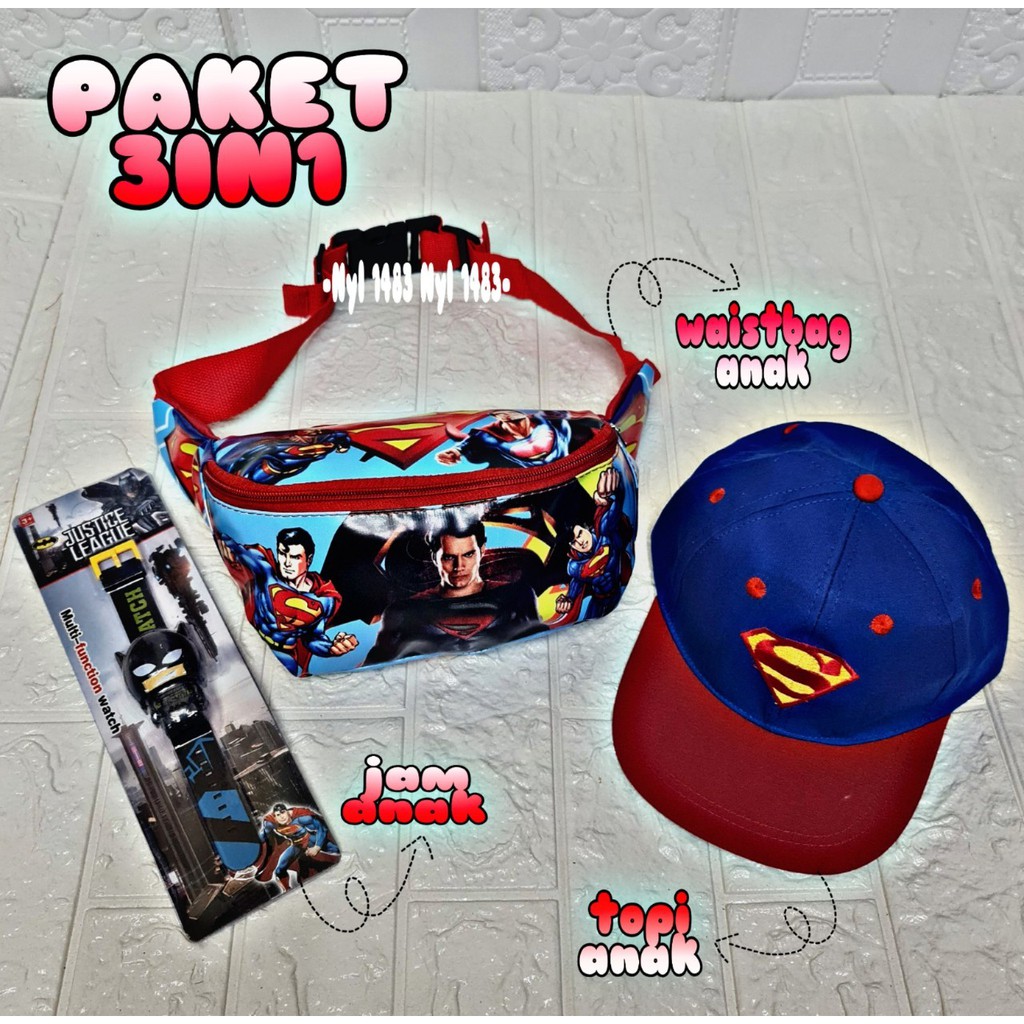 3 in 1 Paket Hemat Anak Waistbag anak karakter_topi anak_jam tangan anak Superman poto Realpict