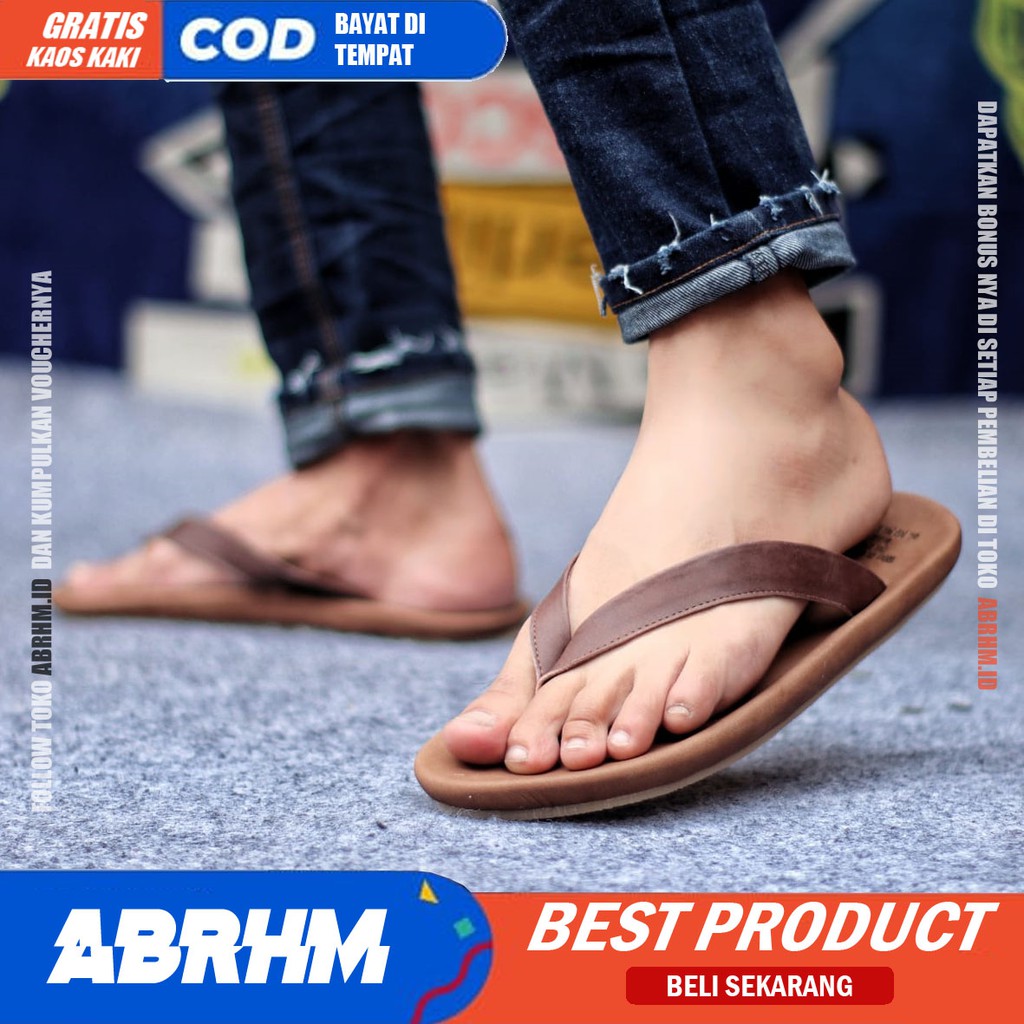 ABRHM x WALET Sandal Jepit Pria Sandal Pria Kulit Asli Sendal Jepit Cowok / Cowo Keren Kekinian Ori