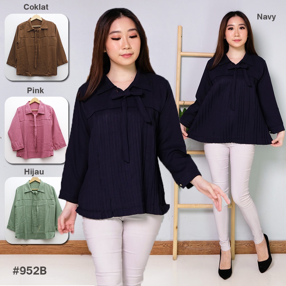 JakartaFashion - blouse kerah plisket depan tali lengan panjang atasan polos murah cantik elegan