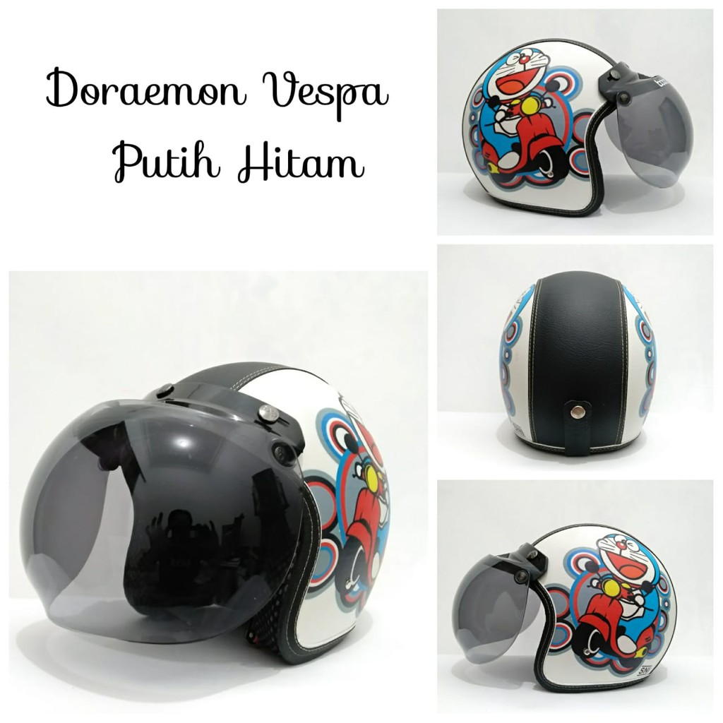 HELM BOGO MOTIF DORAEMON VESPA,HELM BOGO FULLPRIN DORAEMON VESPA PUTIH HITAM