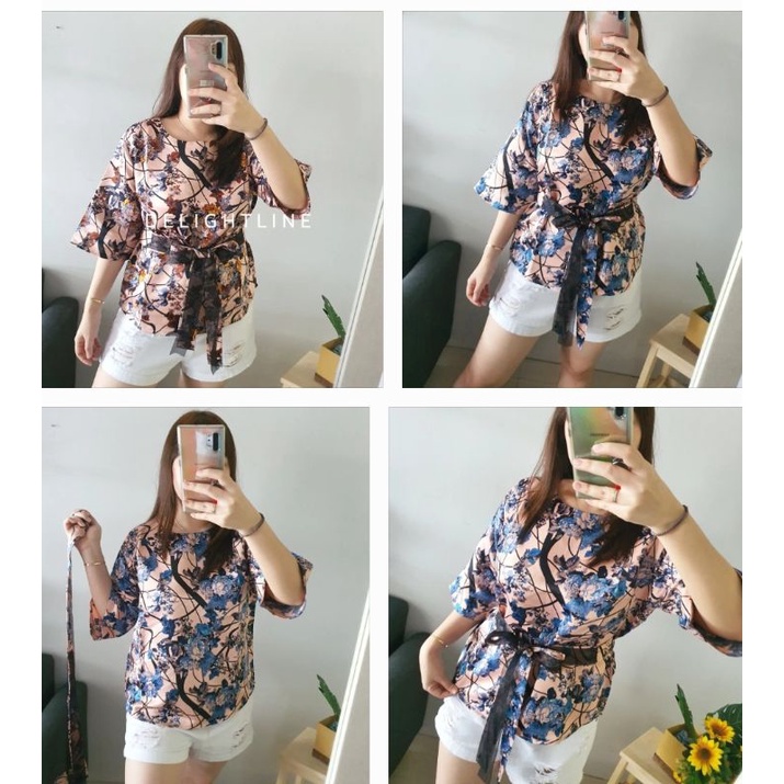 RIBBON BOW TIED TOP BLOUSE WANITA BLACKOUT DELIGHTLINE - MOTIF SAKURA FLOWER - LENGAN PANJANG 7/8-7