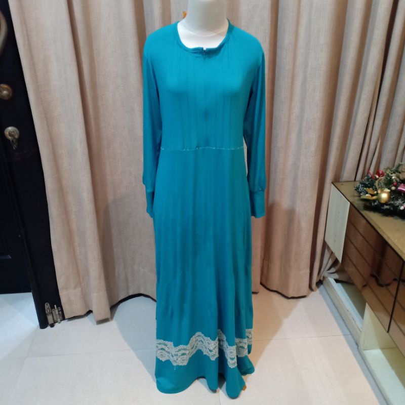 maxi long dress wanita lengan panjang busui M cewek L renda biru muda tosca