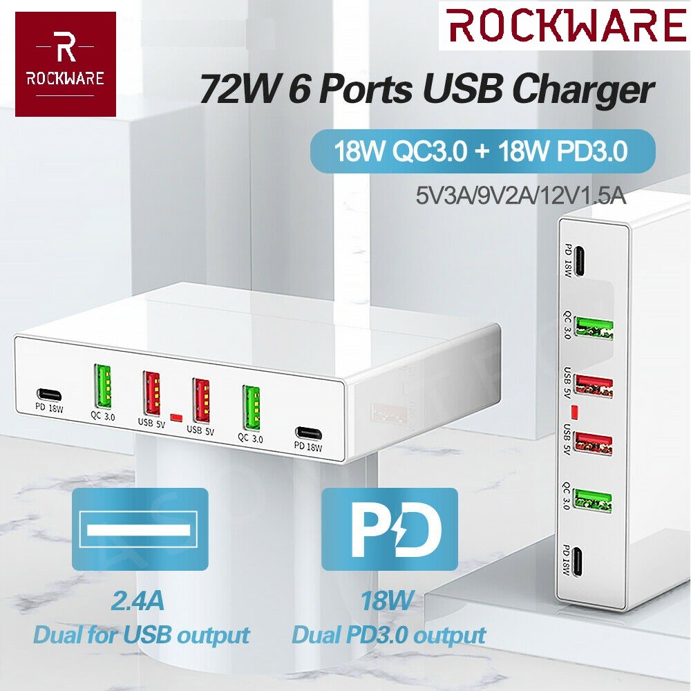 ROCKWARE X5 - 4 USB Port and 2 PD 18W Port Charging Station - 72W - Charger Multiport Up to 6